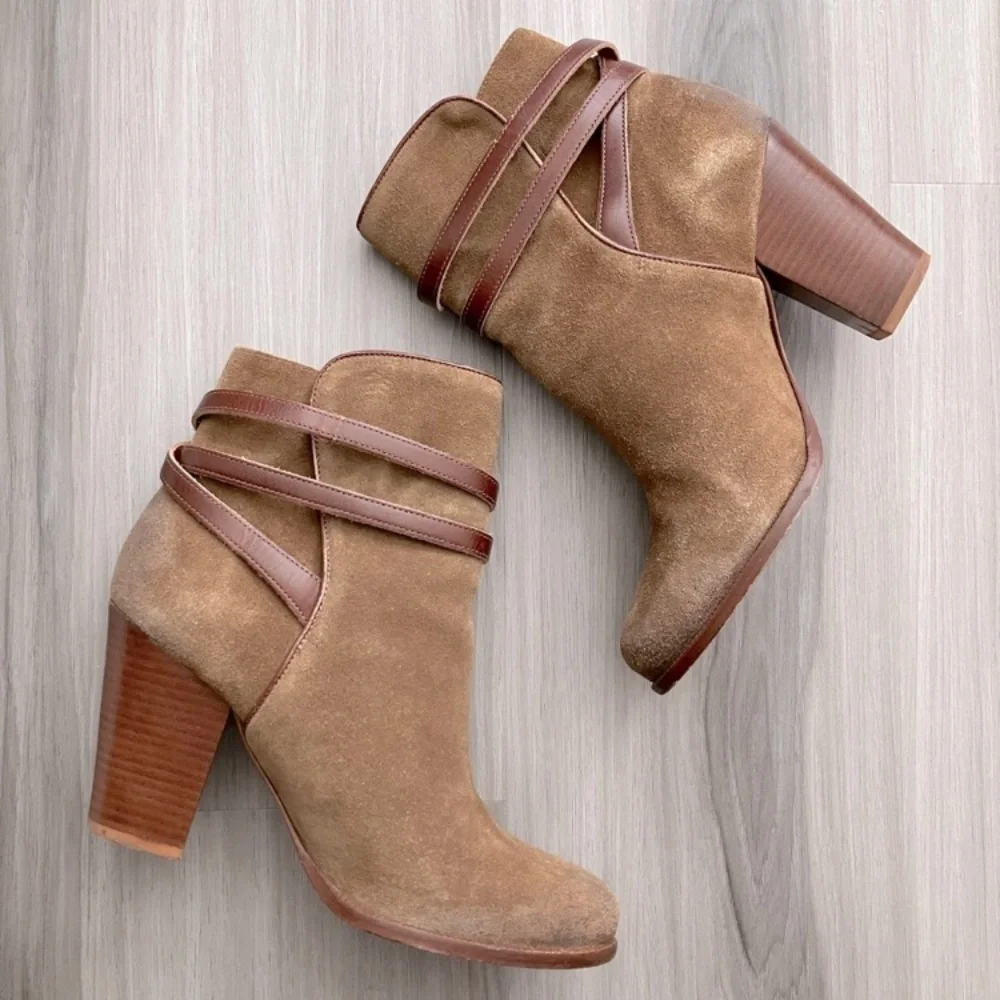 All Saints Victoria Brown Suede Ankle Boots 8.5 EU 39.5 Buckle Heel Distressed